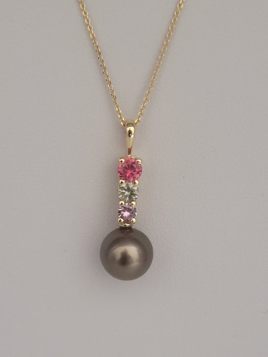 Tahiti Pearl Pendant, Natural Color Sapphires and 18K Solid Gold