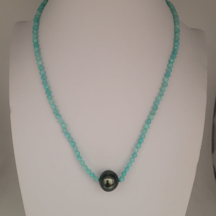 Tahitian Pearl  11 mm and 3 mm Amazonite Necklace, Precious Stones, 18K Gold