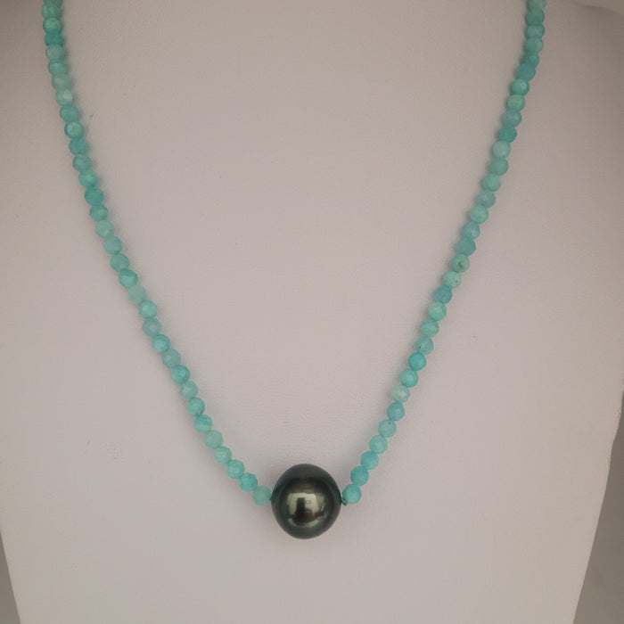 Tahitian Pearl  11 mm and 3 mm Amazonite Necklace, Precious Stones, 18K Gold