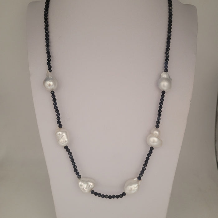 South Sea Baroque Pearl and Sapphire Necklace with 18K Gold Clasp – 42 cm