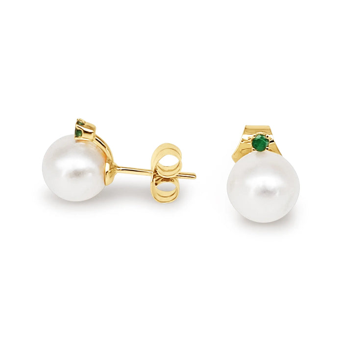 Akoya Cultured Pearl 8-8.5 mm AAA Yellow Gold 9K and Emeralds Precious Stones | The South Sea Pearl |  The South Sea Pearl