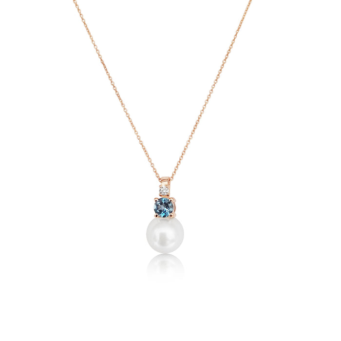 Akoya Cultured Pearl, Diamond, London Blue Topaz, 18K Rose Gold Pendant Necklace
