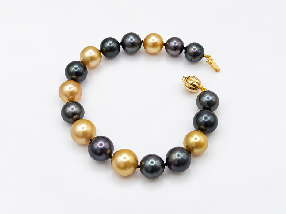 Gouden Zuidzeeparels & zwarte Tahitiparels armband, 10–11 mm, gouden kleur, hoge glans, in 18-karaats goud