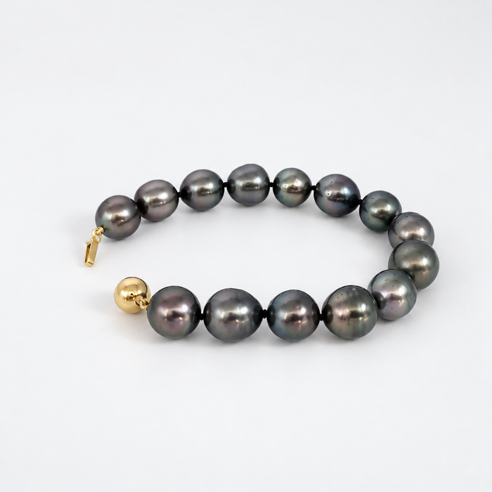 Tahitiparel armband, 11–12 mm, donkere kleur, in 18-karaats goud