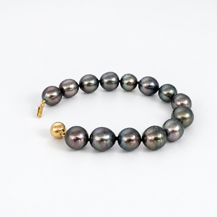 Tahitiparel armband, 11–12 mm, donkere kleur, in 18-karaats goud