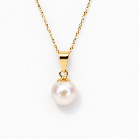 Akoya-parel hangerketting, 9 mm, rond, gouden kleur, glans, AAA (kwekersgradering), in 18-karaats goud
