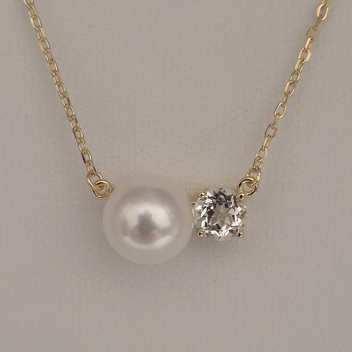 White Cultured Pearls  White Topaz Stone Necklace