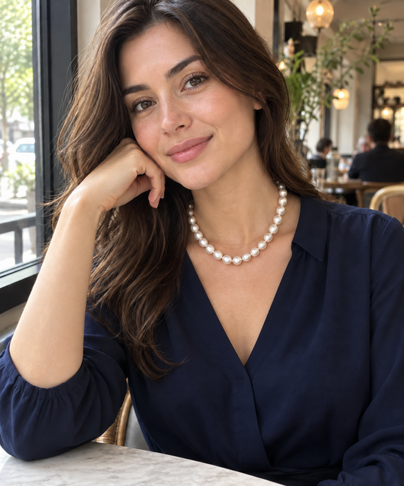 Witte Zuidzeeparel ketting, 10–12.50 mm, witte kleur, zeer hoge glans, in 18-karaats goud