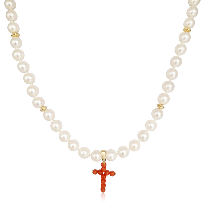 Cultured Pearl Necklace & Coral Cross in 18K Gold