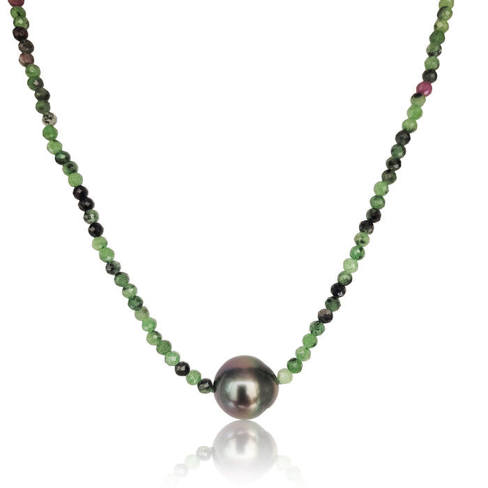 Tahiti Pearl 11 mm dark Color Excellent Luster, Epidote Precious Stones, 18K  Gold Clasp