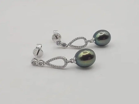 Cultured Pearl Tear-Drop 8 mm Black Color AAA 925 Silver Earrings | The South Sea Pearl |  The South Sea Pearl