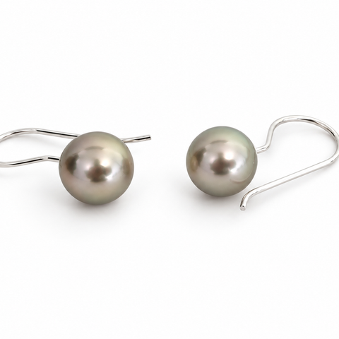 Tahitiparels & Zuidzeeparels hangoorbel, 9–10 mm, rond, natuurlijke kleur, glans, AAA (kwekersgradering), in sterling zilver