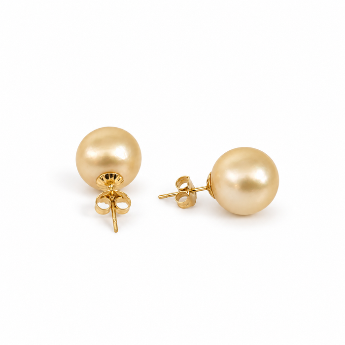 Gouden Zuidzeeparel oorknop, 11 mm, rond, gouden kleur, glans, in 18-karaats goud