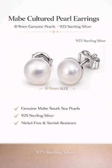 Stud Earrings Cultured Pearls Australian Mabe 8-9 mm Silver 925