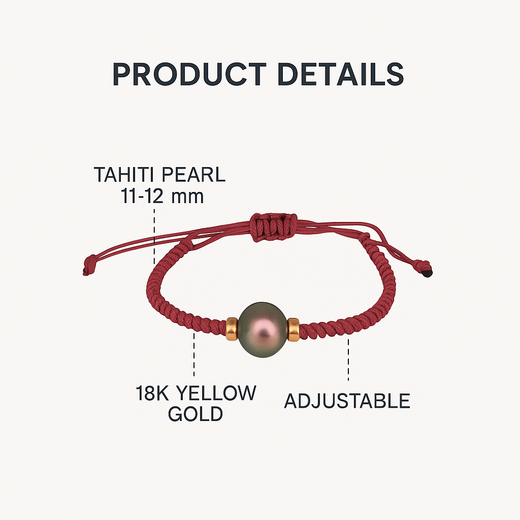 Tahiti Pearl Bracelet 11-12mm – Adjustable Red Cord with 18K Yellow Gold Beads – Genuine Tahitian Cultured Pearl Jewelry for Women”