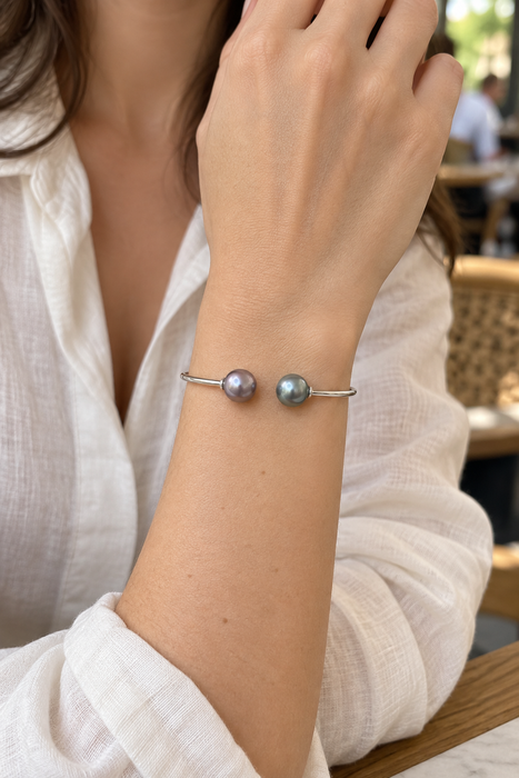Tahitiparel armband, 9–10 mm, rond, natuurlijke kleur, hoge glans, AAA (kwekersgradering)