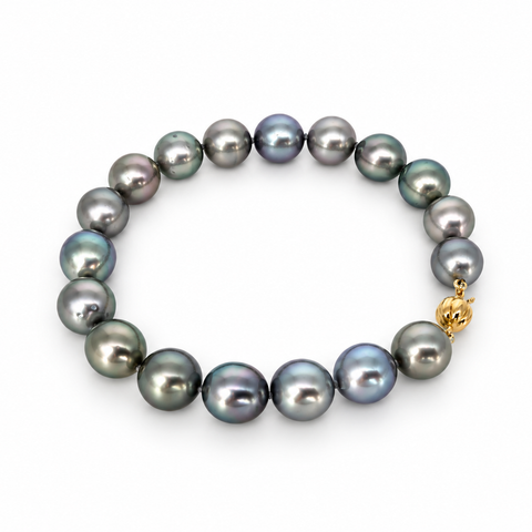 Tahitiparel armband, 9–10 mm, zilver, uitstekende glans, AAA (kwekersgradering), in 18-karaats goud