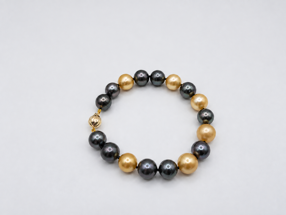 Gouden Zuidzeeparels & zwarte Tahitiparels armband, 10–11 mm, gouden kleur, hoge glans, in 18-karaats goud