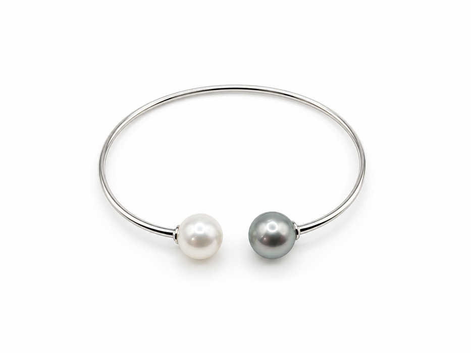 Tahitiparels & witte Zuidzeeparels armband, 9–10 mm, rond, natuurlijke kleur, hoge glans, in sterling 925 zilver