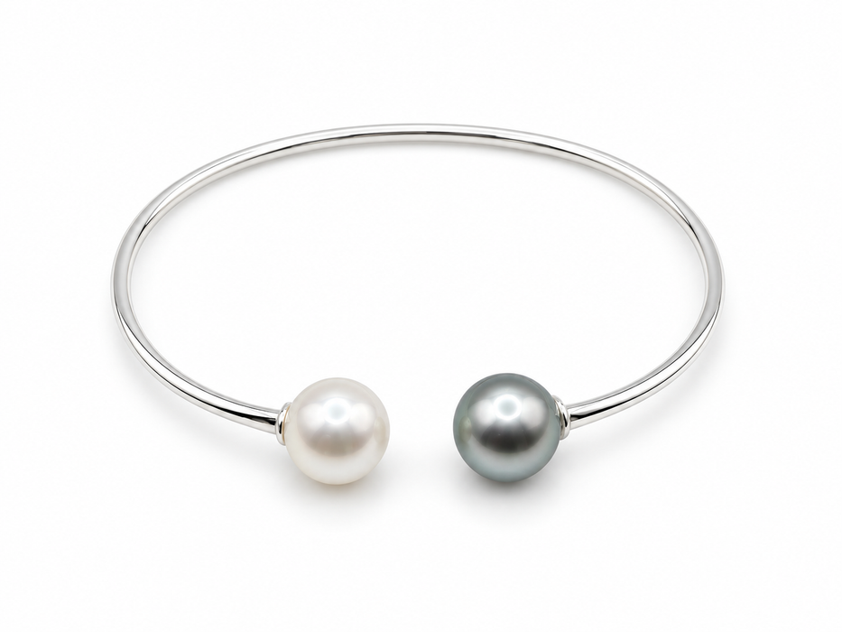 Tahitiparels & witte Zuidzeeparels armband, 9–10 mm, rond, natuurlijke kleur, hoge glans, in sterling 925 zilver