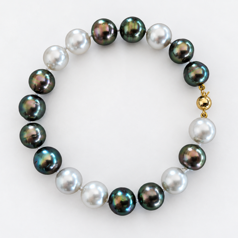 Tahitiparels & witte Zuidzeeparels armband, 10–11 mm, rond, natuurlijke kleur, glans, in 18-karaats geelgoud