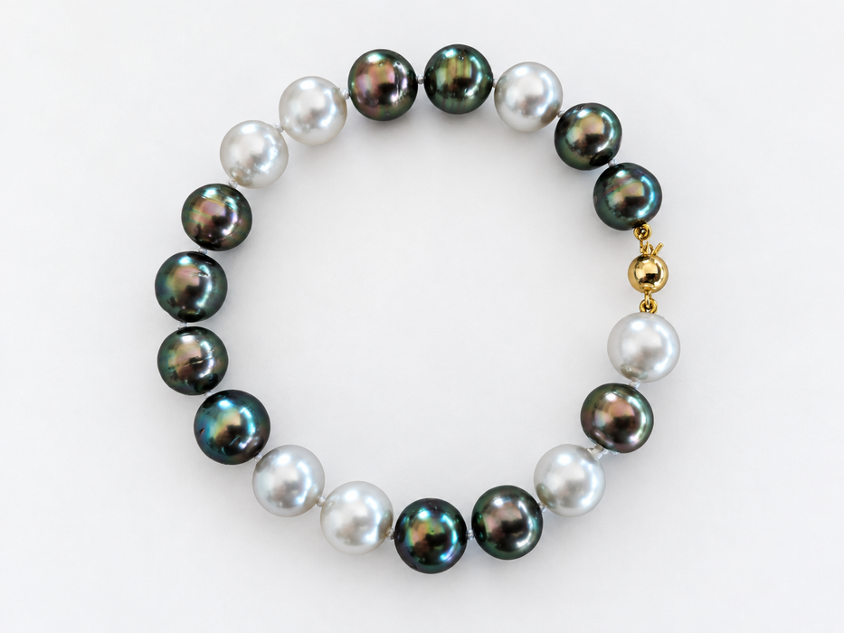 Tahitiparels & witte Zuidzeeparels armband, 10–11 mm, rond, natuurlijke kleur, glans, in 18-karaats geelgoud