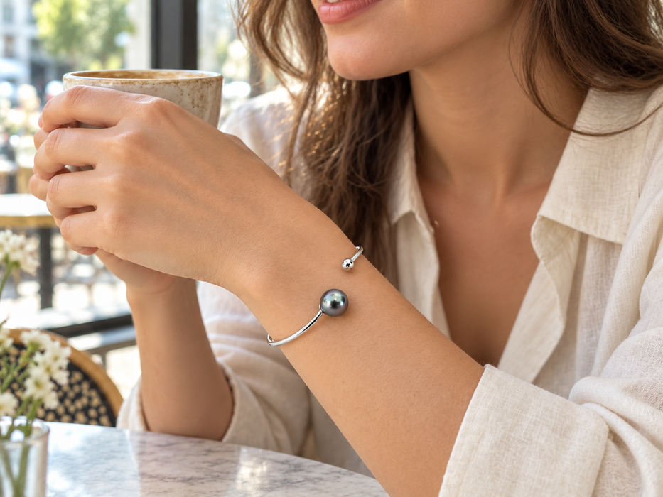 Tahitiparel armband, 9 mm, rond, natuurlijke kleur, hoge glans, AAA (kwekersgradering), in sterling 925 zilver