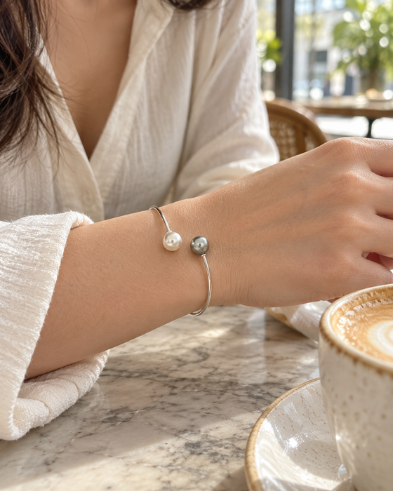 Tahitiparels & witte Zuidzeeparels armband, 9–10 mm, rond, natuurlijke kleur, hoge glans, in sterling 925 zilver