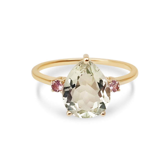 Anillo Oro Amarillo 14K y Amatista Verde Lagrima 10 x 8 mm 3 Quilates - MIMUKA