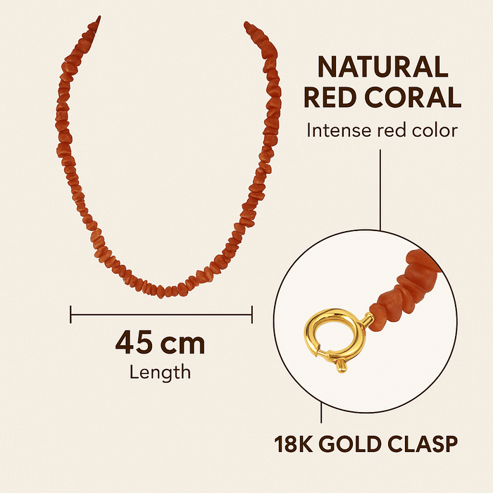 Collar de Coral Rojo Auténtico, Cierre de Oro Amarillo 18K, 45 cm - MIMUKA