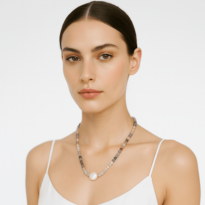 Collar de Perla Cultivada 12 mm, Fluorita, Piedras Preciosas 3 mm Redondas, Oro 18K, 42 cm - MIMUKA