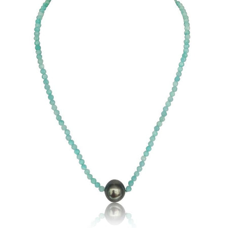 Collar de Perla Tahití 11 mm y Amazonita 3 mm, Piedras Preciosas, Oro 18K - MIMUKA