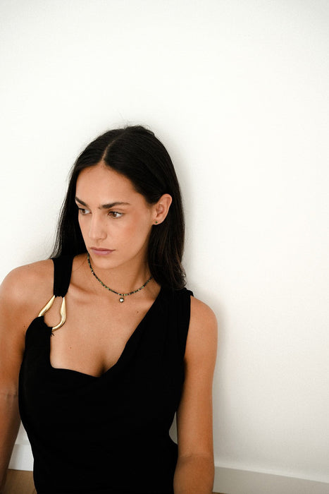 Collar de Perla Tahití y Esmeralda, Piedras Preciosas Epidote 3 mm redondas talladas, Oro Amarillo 18K - MIMUKA