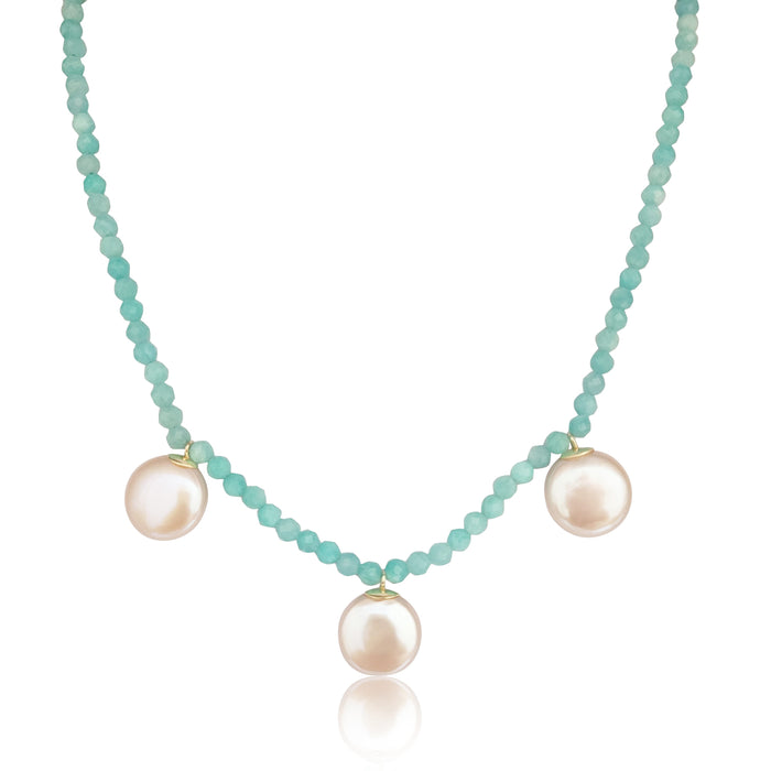 Collar de Perlas Cultivadas 12 mm con Amazonita, Piedras Preciosas, Oro Amarillo 18K - MIMUKA