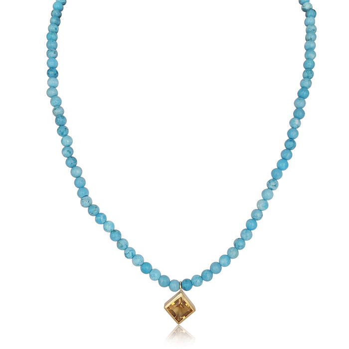 Collar de Turquesas Naturales con Citrino Talla Carré 7 mm, 40 cm, Cierre de Oro 18K - MIMUKA
