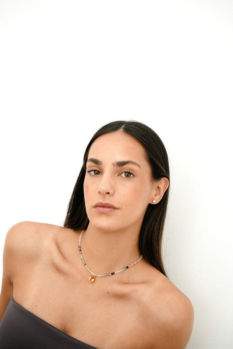 Collar Fluorita y Colgante Piedra Preciosa Citrino 12 x 8 en Oro 18K - MIMUKA