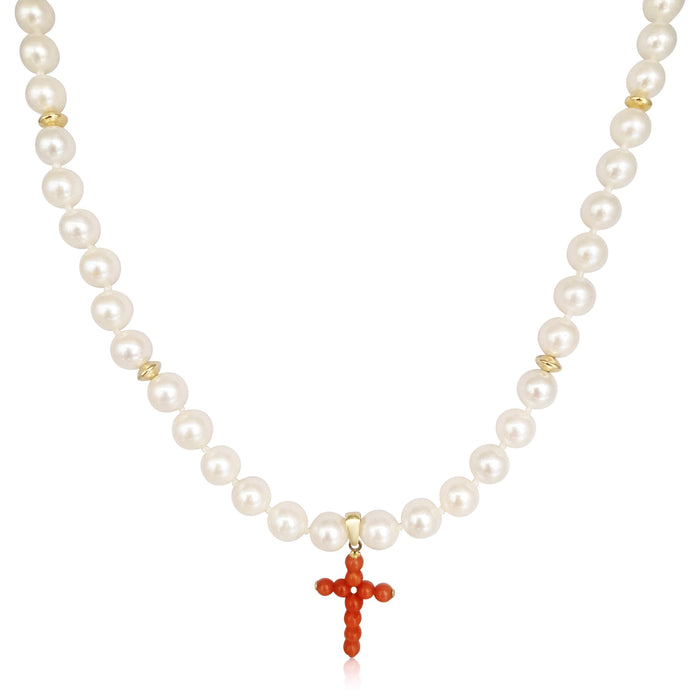 Cultured Pearl Necklace with Natural Coral Cross and 18K Gold - MIMUKA