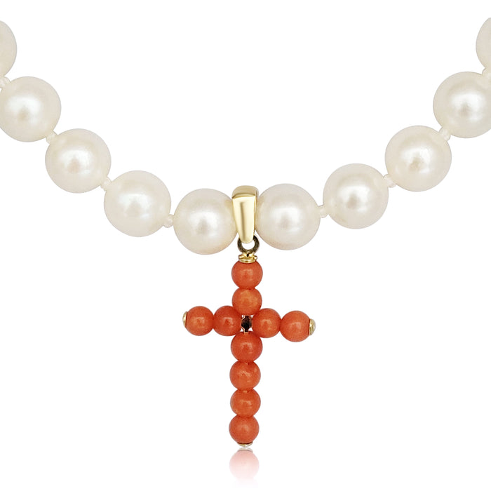 Cultured Pearl Necklace with Natural Coral Cross and 18K Gold - MIMUKA