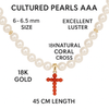 Cultured Pearl Necklace with Natural Coral Cross and 18K Gold - MIMUKA