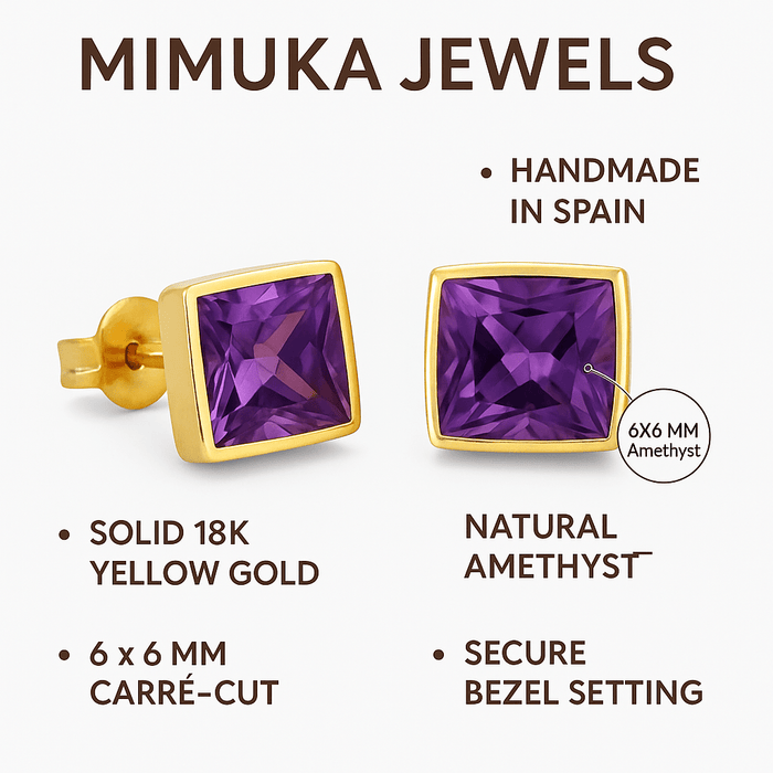 Mimuka Jewels 18K Yellow Gold Carré Amethyst Stud Earrings - MIMUKA