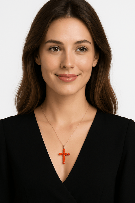 Natural Coral Cross Pendant in 18K Yellow Gold – 20 x 14 mm – Handcrafted Eleganceural Coral Cross and 18K Yellow Gold - MIMUKA