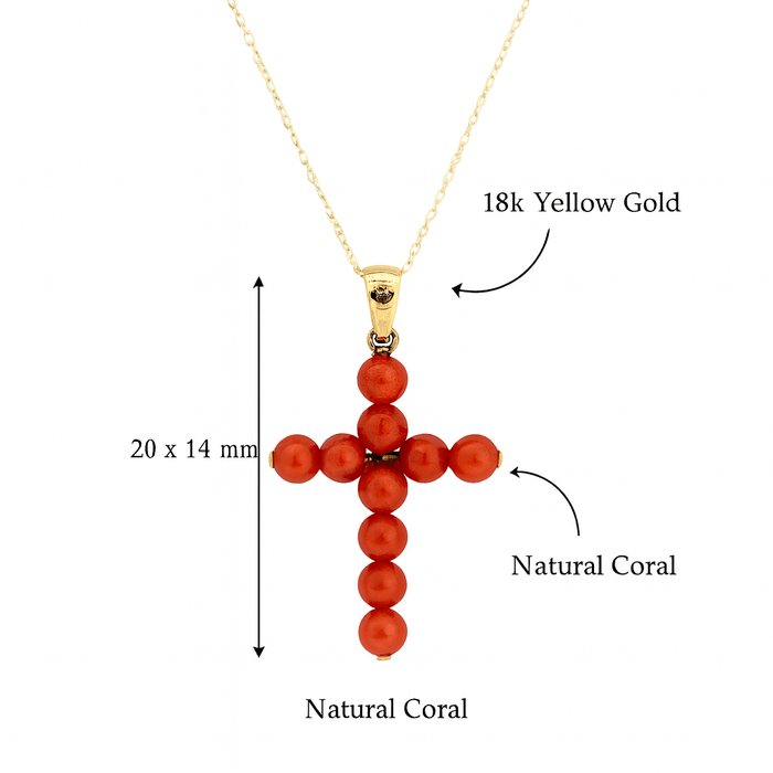 Natural Coral Cross Pendant in 18K Yellow Gold – 20 x 14 mm – Handcrafted Eleganceural Coral Cross and 18K Yellow Gold - MIMUKA