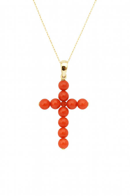 Natural Coral Cross Pendant in 18K Yellow Gold – 20 x 14 mm – Handcrafted Eleganceural Coral Cross and 18K Yellow Gold - MIMUKA