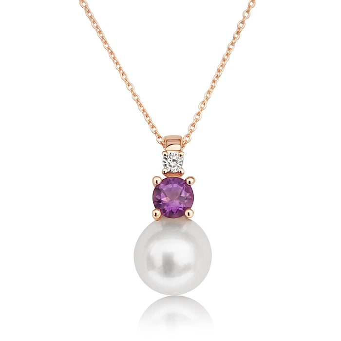 Pendant Necklace, Akoya Cultured Pearl, Diamond, Amethyst, 18K Rose Gold - MIMUKA
