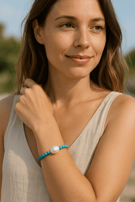 Pulsera de Perla Cultivada y Turquesa Natural, Oro Amarillo 18K - MIMUKA