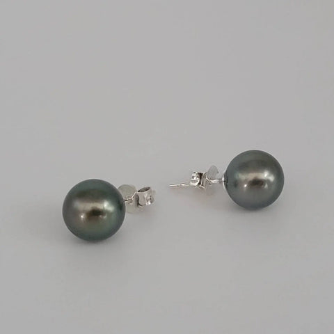 Dark Tahitian pearl earrings 9-11mm round — .925 sterling silver (Pinctada margaritifera)